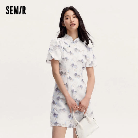 Dress Women Ink Painting Print Dress Bubble Sleeves Buttoned Summer New Cheongsam Dress