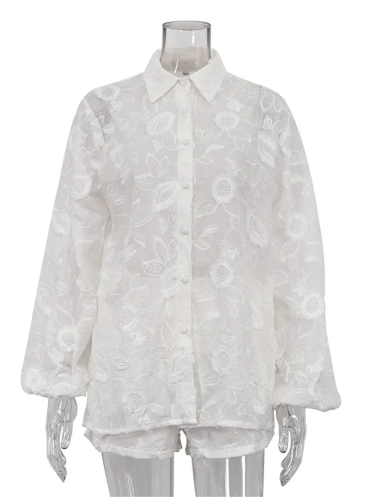 Printed See-Through Sexy Outfits Female Patchwork Cardigan Shirts And Lace-Up High Waist Shorts Sets Autumn 2 Piece-Set