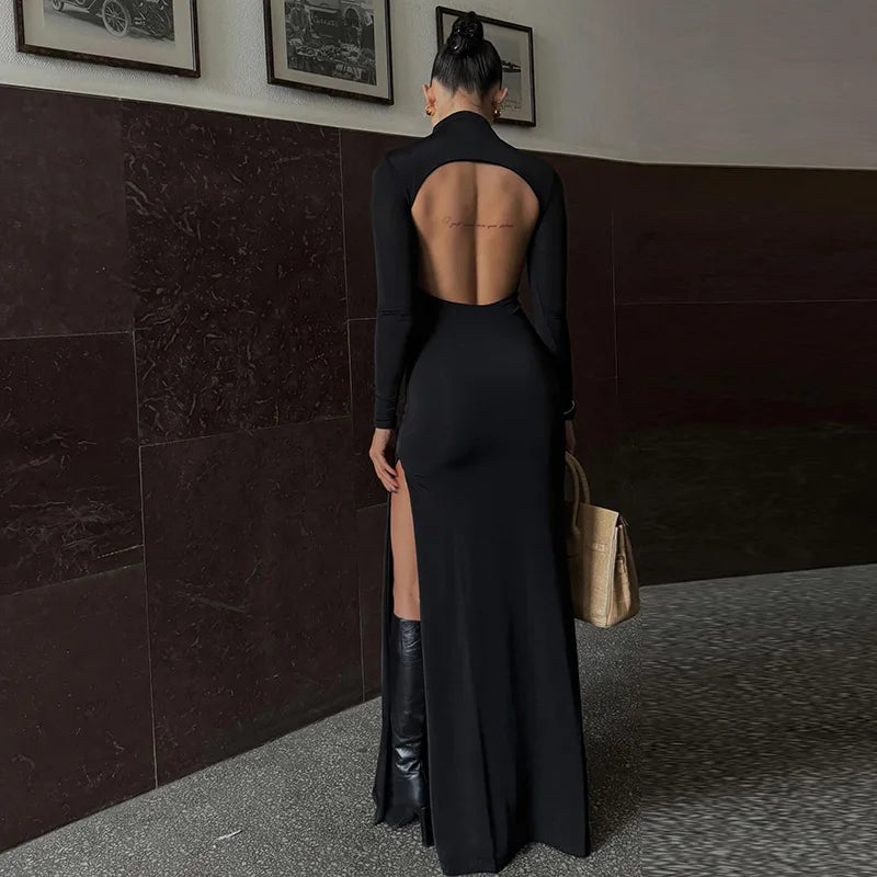 Elegant Basic Long Sleeve Solid Hole Backless Slit Split Women’S Dresses Party Club Evening Wholesale Winter Clothes