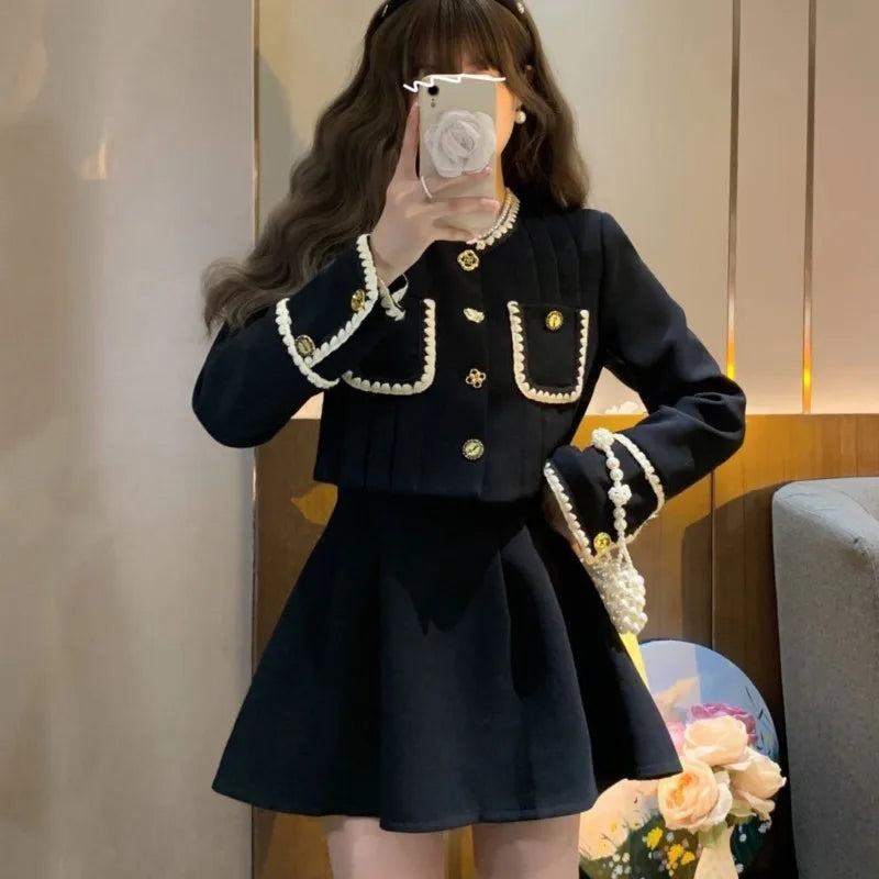 Autumn New Elegant Two-Piece Skirt Sets Women Korean Fashion Chic Crop Jacket Coat Solid Mini Skirt Female Clothing Y2K Outfits