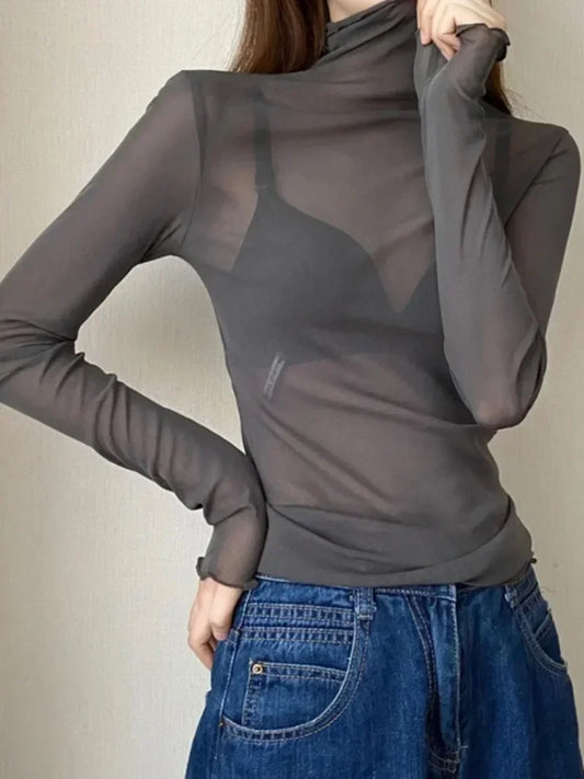 Blusa de malla negra sexy de manga larga para mujer, blusa transparente estilo punk para discoteca, camisetas de playa, blusas inferiores para mujer