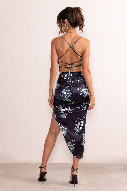 Floral Lace Up Backless Cami Slit Midi Dress