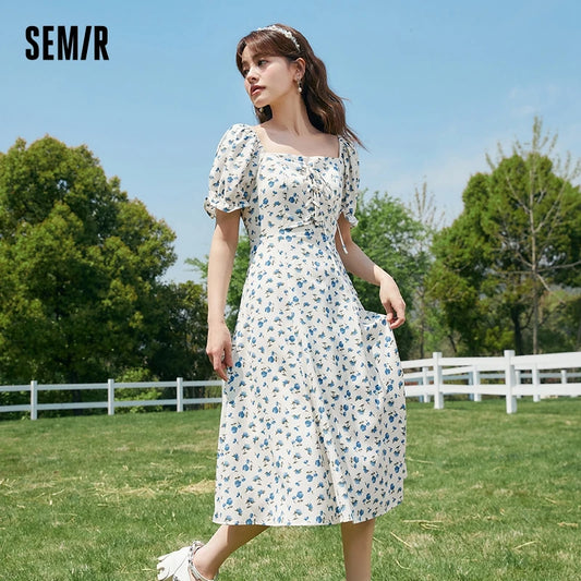 Dress Women Texture Chiffon Floral Romantic Temperament Square Neck Tea Break Dress