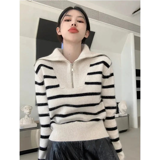 Suéter de rayas para mujer, con cremallera, grueso, holgado, de punto con cuello alto, cuello vuelto, informal, de gran tamaño, a la moda.