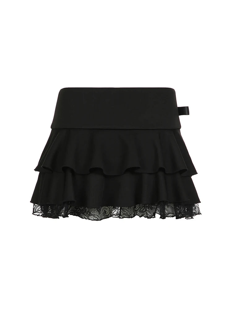 Minifalda gótica Y2K con lazo y ribete de encaje negro para mujer, ropa de calle coreana