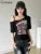 Camisetas casuales con estampado de letras para mujer, camisetas clásicas de manga corta con hombros descubiertos, camisetas de calle salvajes de verano a la moda para niñas