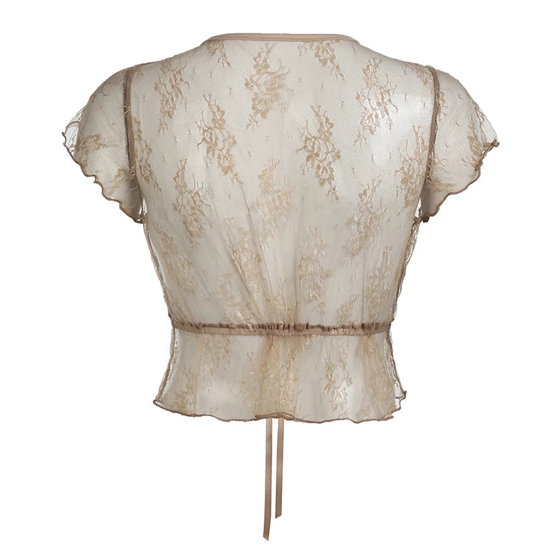 Cárdigan de encaje transparente, top marrón vintage, camiseta corta de manga corta, top informal Y2K con cordones y cuello en V, top bonito, ropa de calle