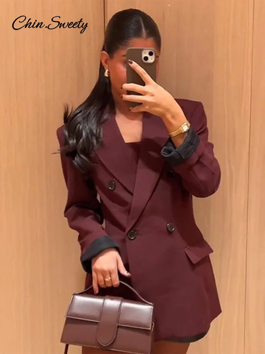 Blazer de solapa burdeos de moda para mujer, elegante chaqueta cruzada con bolsillos y manga larga, ropa de calle femenina para el día a día.