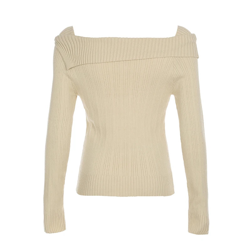 Suéter blanco de otoño e invierno para mujer, nuevo jersey de manga larga Y2k con estampado de corazón retro y hombros descubiertos, jersey ajustado y sexy