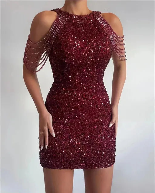 Vestidos de noche para mujer 2025 con flecos de lentejuelas, piedras y cristales, cuello halter, cintura alta, falda amplia y ajustada.