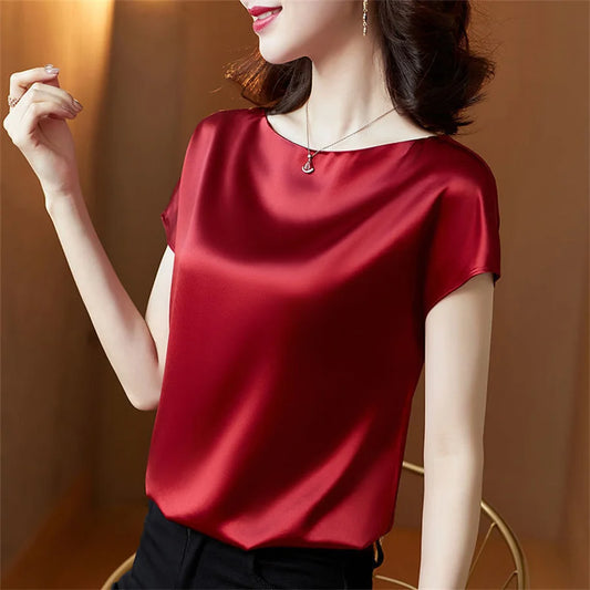 Blusas de oficina de verano de manga corta con cuello redondo, blusa de satén, camisas para mujer, camisas casuales lisas y holgadas, blusas DF4904