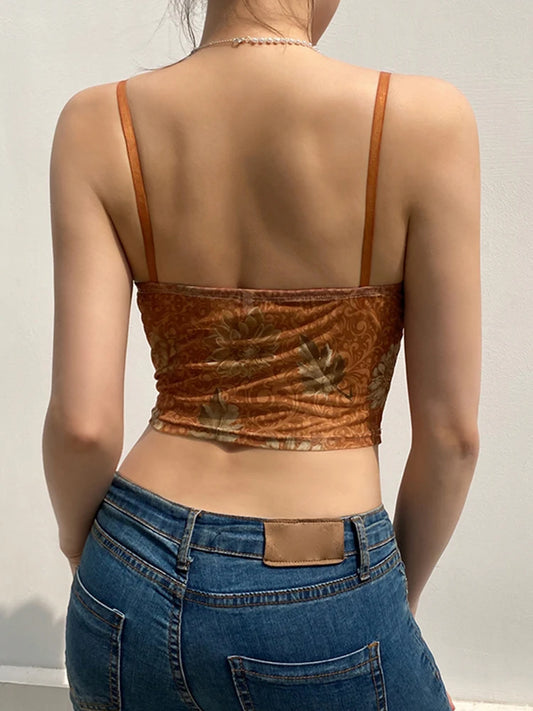 Floral Print Vintage Aesthetic Mesh Camisole Women Brown Cute Y2K Crop Top