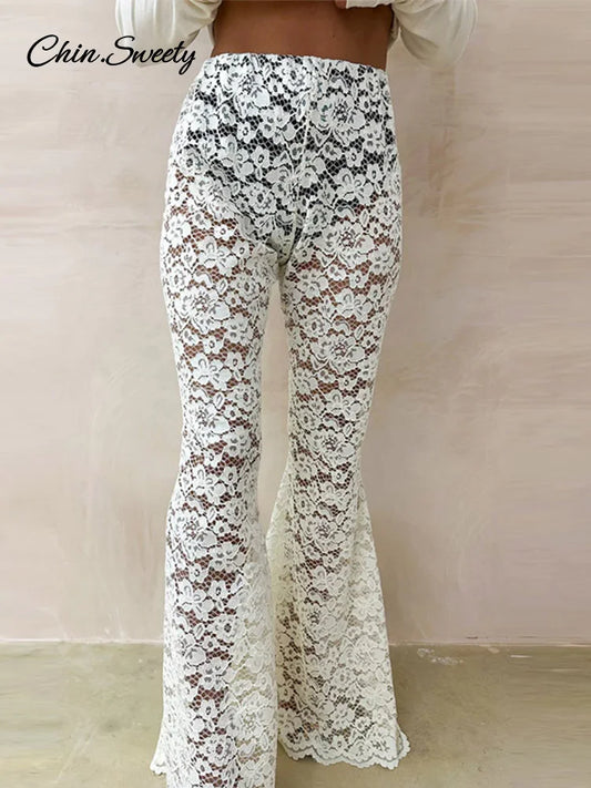 Sexy Lace Sheer Flare Pant Women Hollow Out Lady Vacation Long Trousers Female 2025 Spring Elastic High Waist Streetwear New