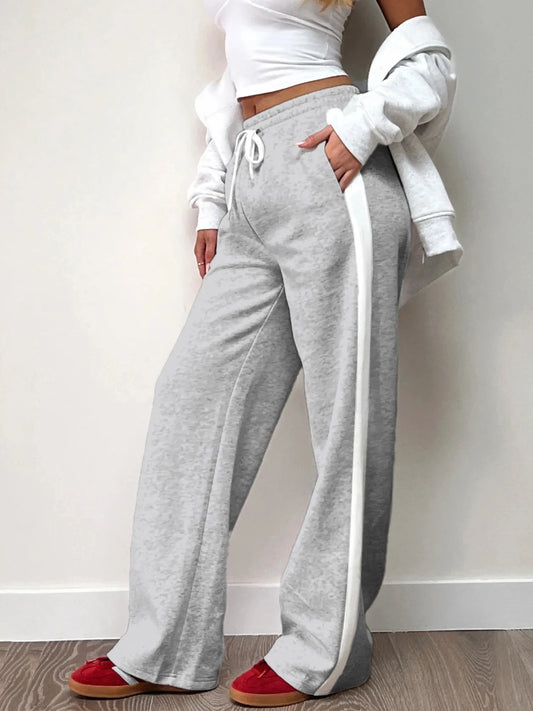 Gray Drawstring Elastic High Waist Casual Sweatpants Women Side Stripe Contrast Patchwork Black Loose Jogging Track Pants