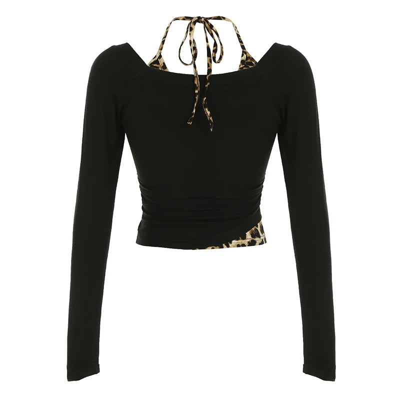 Camiseta de dos piezas con estampado de leopardo y parches de leopardo para mujer, diseño sexy y ajustado de manga larga, blusas y camisas nuevas de moda