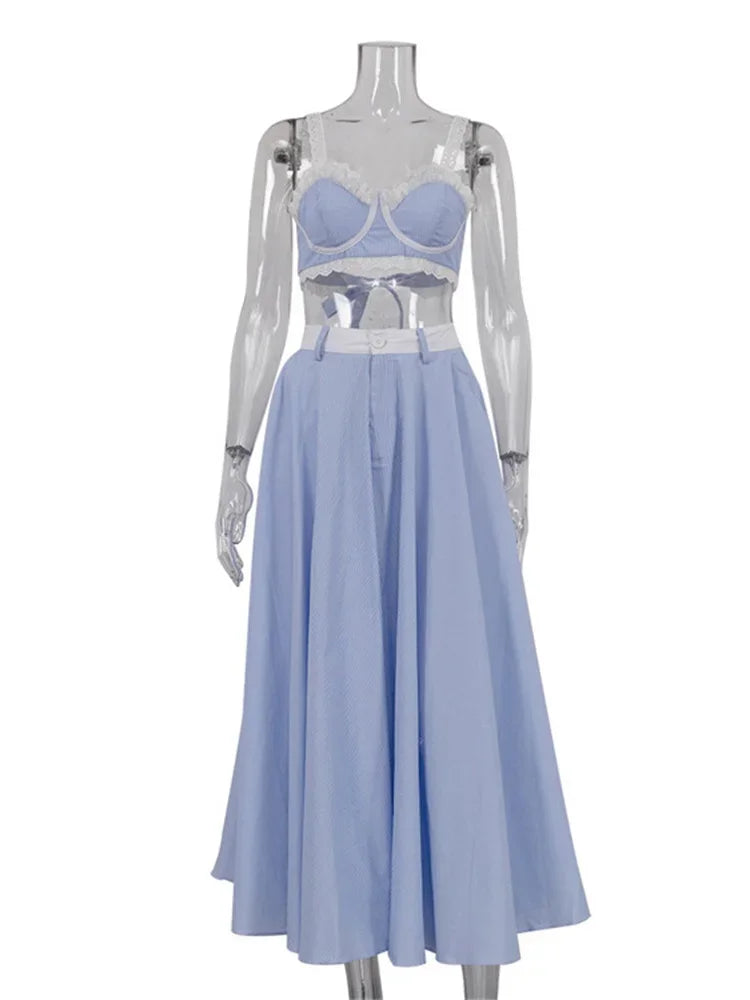 Conjunto de dos piezas de encaje con retazos, falda larga para mujer, top corto sin espalda en contraste y falda larga de cintura alta.