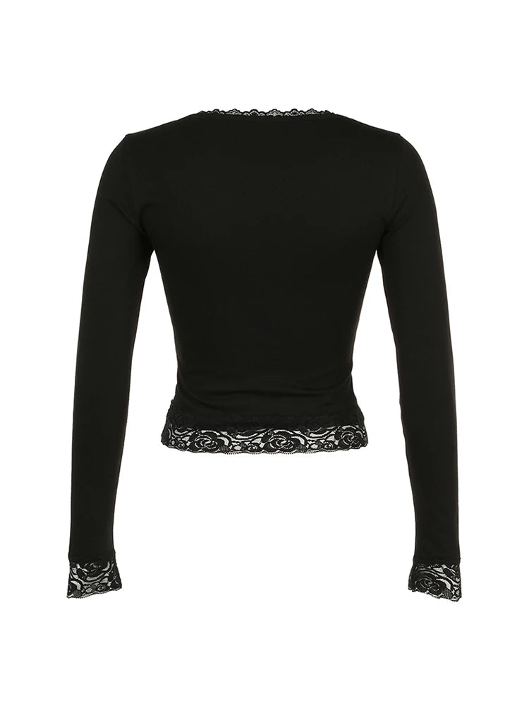 Camiseta de manga larga ajustada con cuello cuadrado y ribete de encaje, color negro, lisa, sencilla, básica, para primavera y otoño, para mujer, ropa de calle Y2K