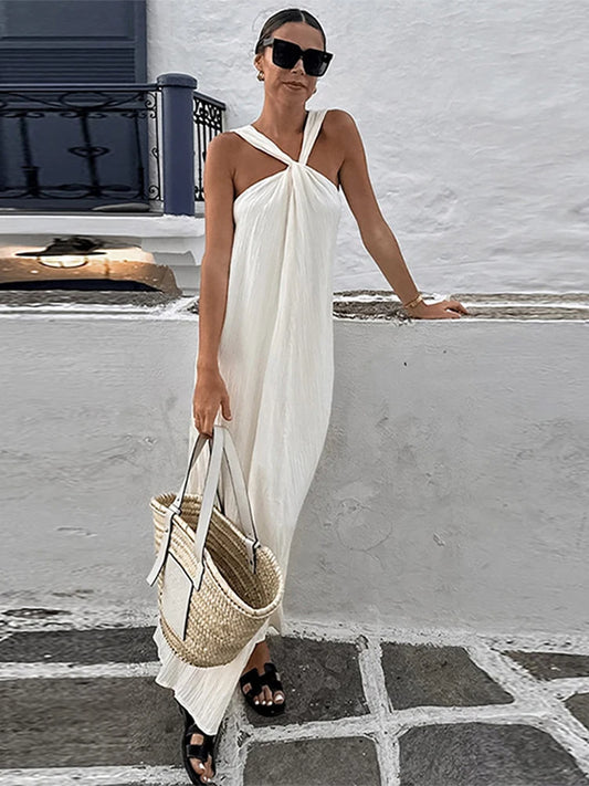 Elegant Solid Halter Women Long Dress Sleeveless Backless Female Maxi Dress Spring Summer New Fashion Lady High Street Robe
