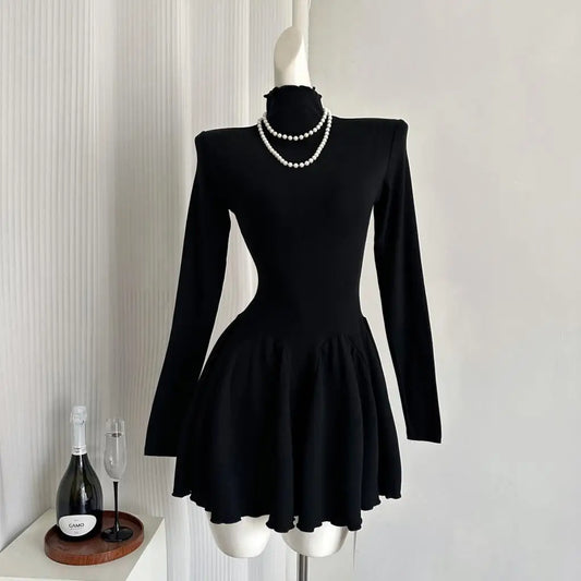 Autumn New Solid Mini Dresses Women Turtleneck Long Sleeve Ruffles A-line Casual Korean Fashion Female Clothing Vestidos Mujer