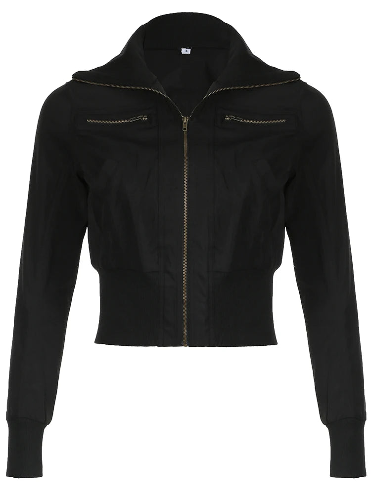 Chaqueta bomber de manga larga ajustada con cuello alto y cremallera negra de estilo callejero coreano para mujer, nueva moda de otoño, prendas de vestir góticas
