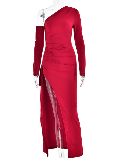 Autumn Sexy Fashion Long Sleeve High Split Women’s Dress Oblique Shoulder Elegant Party Club Long Slim Fit Evening Dress