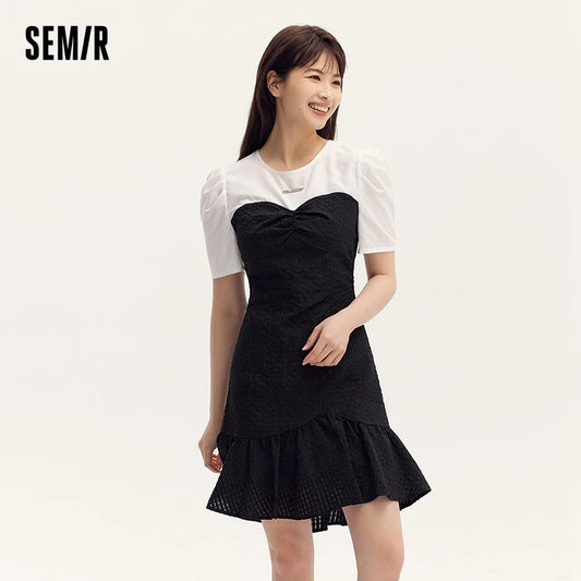 Color Block Little Black Dress Women Elegant And Commute Summer New Gentle Texture Playful Mermaid Hem Short Skirt