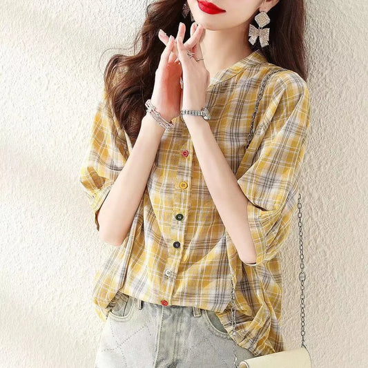 Blusas de verano para mujer, informales, con cuello en V, manga corta, a rayas y estampado DF4537