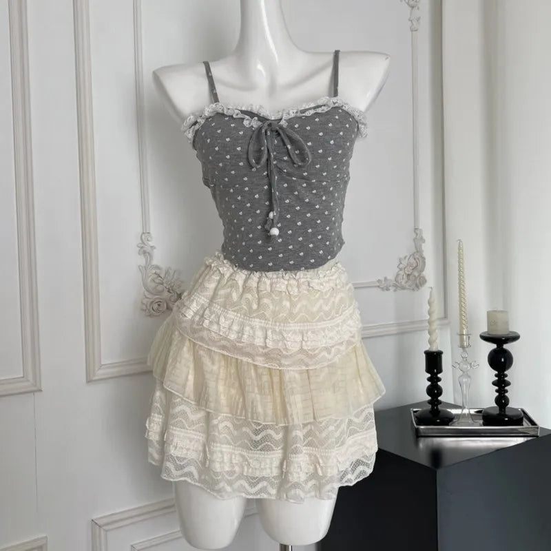 Conjunto de falda de 3 piezas para mujer, cárdigan con tirantes finos, minifalda estilo pastel, estilo coreano Y2K Kawaii, novedad de otoño