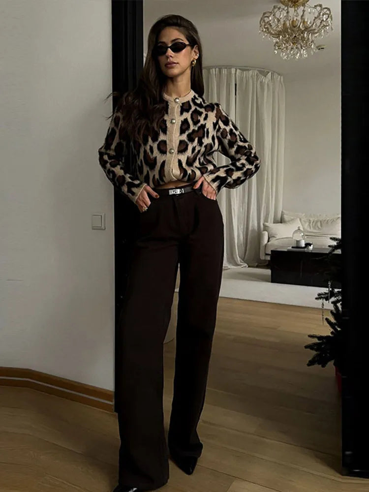 Vintage Knitted Leopard Cardigan Women Casual Slim Single Breasted O-Neck Sweaters Female Chic Versatile Basic Street Knitwear
