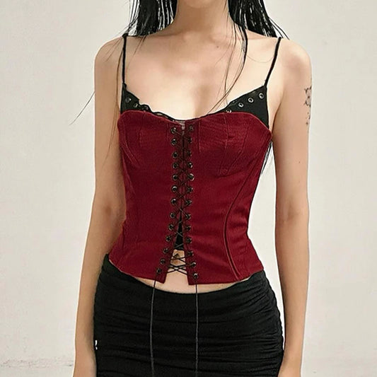 Women Sexy Tie Up Skinny Camisole Contrast Patchwork Grommet Eyelet Fashion Party Tank Top Outfits Retro Y2K Clubwear