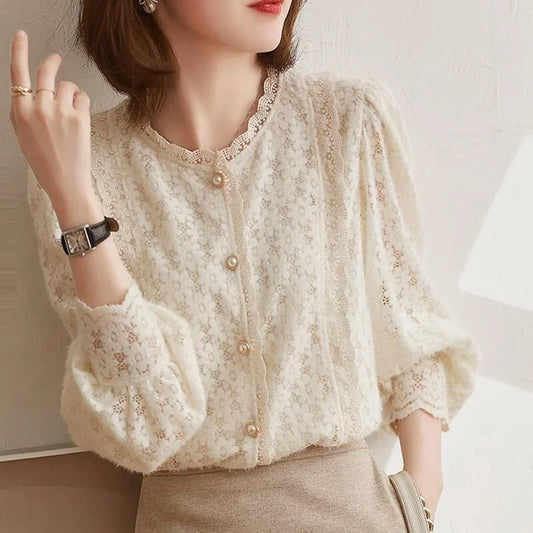 Blusas de encaje estilo primavera otoño para mujer, blusas informales de manga larga con farol y cuello alto, blusas SP1529