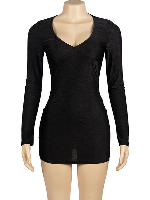 Falda corta ajustada con escote en V profundo y manga larga para mujer, sexy, elástica, estilo jersey, de cintura alta, para fiesta y calle.