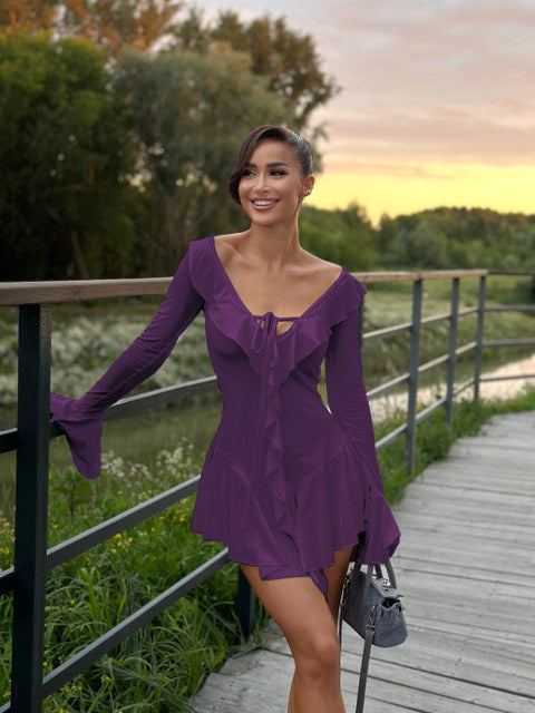 Sexy Deep V Ruffled Bodycon Short Skirt For Women Fall Ruffled Flared Sleeves Party Evening Dress Street Clothing
