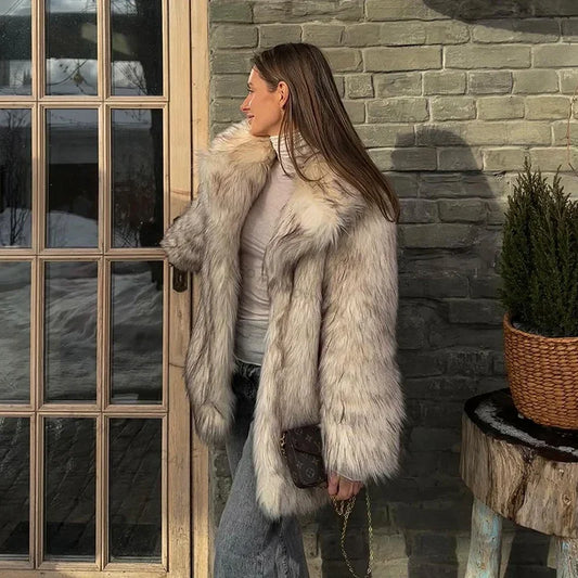 Chaqueta de piel sintética esponjosa de marca de lujo para mujer, abrigo de invierno largo y grueso de piel de zorro con degradado cálido, abrigo de calle peludo