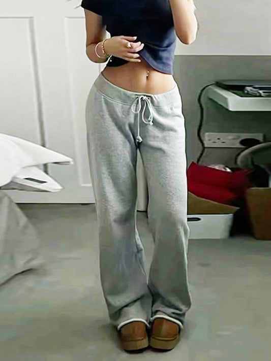 Pantalones deportivos holgados de cintura alta con bolsillos y cordón para mujer, color gris, lisos, básicos, sencillos, de pierna recta, para correr