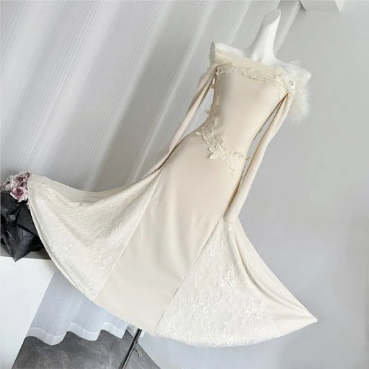 Autumn Winter New Knitted Dresses for Women Slash Neck Flare Sleeve Lace Patchwork Slim Mermaid Korean Fashion Vestidos Mujer