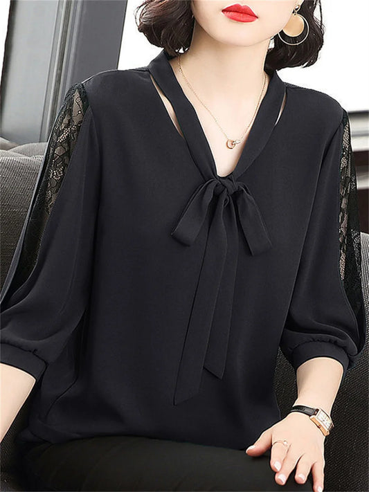 Blusas holgadas de estilo primavera-verano para mujer, informales, con lazo y media manga de encaje, DF4275