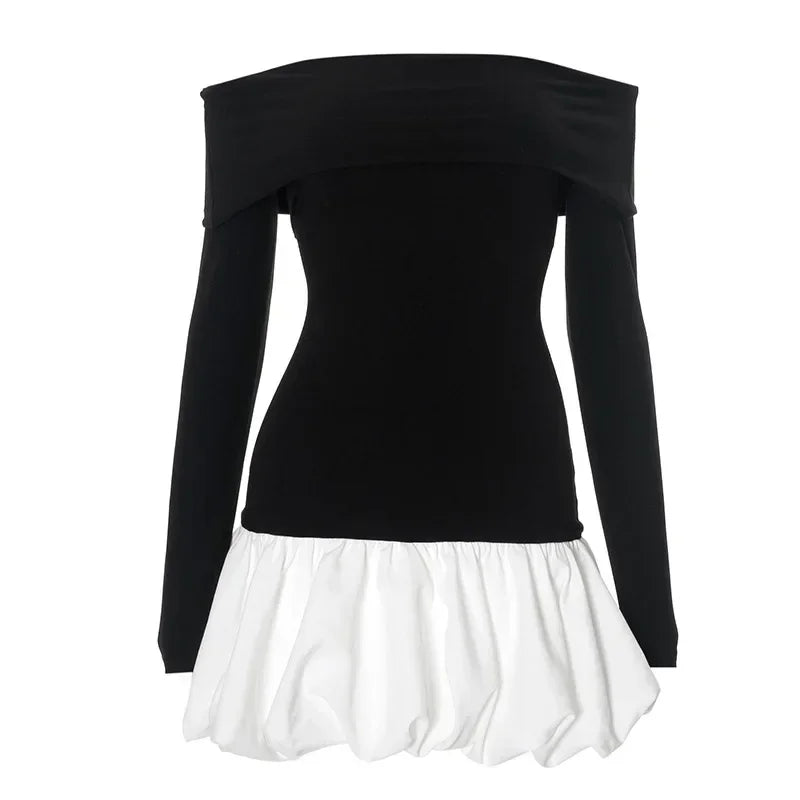 Vestido mini elegante con pliegues para mujer, de un solo hombro, con contraste de colores y mangas largas, sexy, ajustado, para fiesta y club.
