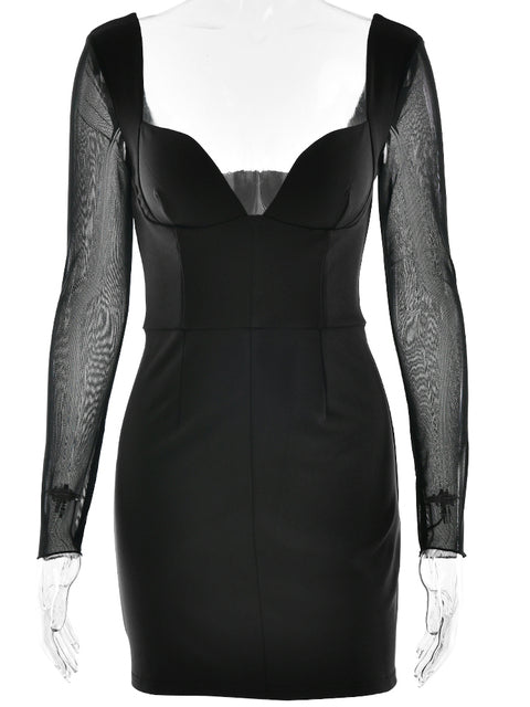JULISSA MO - Vestido negro sexy con escote en V profundo y cremallera para mujer, sin espalda, de manga larga, ajustado, elegante, para fiesta y club, para invierno, 2025