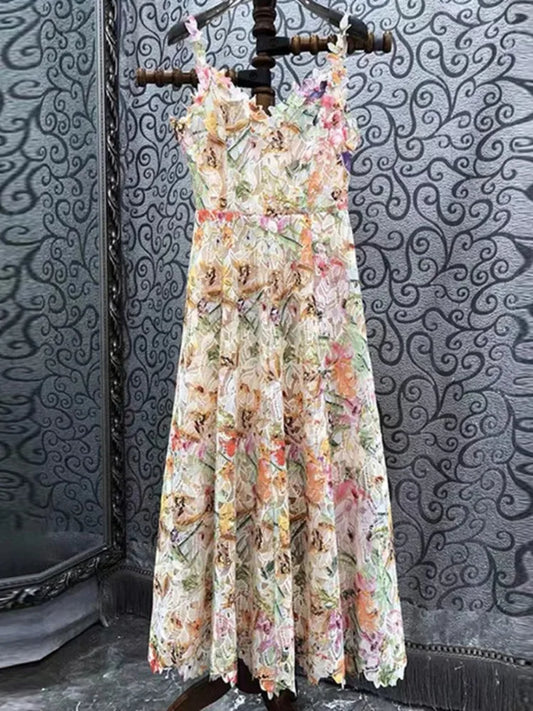 Elegante vestido largo con estampado Hotsweet, cuello halter, flores 3D, ahuecado, camisola de moda para mujer, primavera-verano 2025, 959
