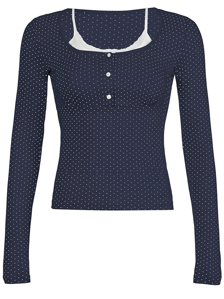 Camiseta de manga larga Y2K con estampado de lunares para mujer, con botones, cuello cuadrado y retazos de encaje en contraste, estilo kawaii japonés de los años 2000
