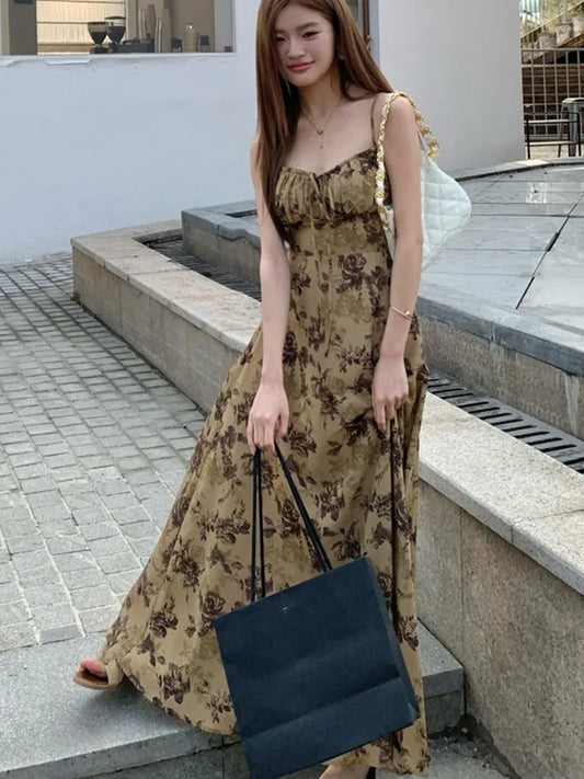 Vestidos midi con estampado vintage francés para mujer, tirantes finos, corsé ajustado, corte en A, novedad de verano, vestido informal de una pieza para mujer
