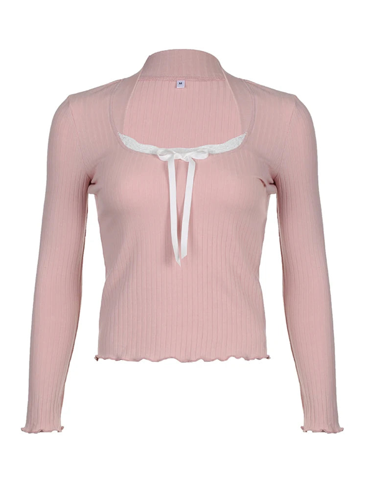 Camiseta de punto acanalada rosa dulce japonesa kawaii con lazo de encaje en contraste, cuello cuadrado, manga larga, básica, para primavera y otoño para mujer