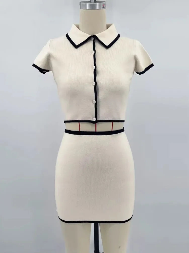 Contrast Color Knitted Mini Skirt Suit Women’s Short Sleeve T-shirt Slim High Waisted Skirts Matching Sets Casual Fashion