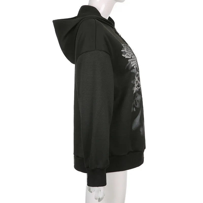 Dark personality printed hoodie female American new black hooded zipper coat loose casual top