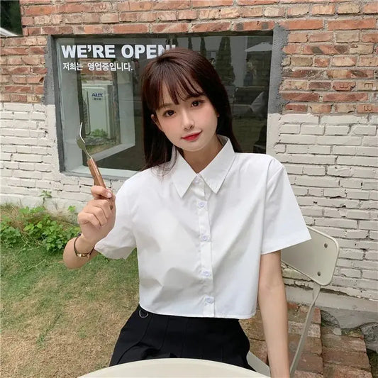 Camisa corta blanca de gran tamaño para mujer, de verano, de manga corta, con cuello tipo polo, estilo preppy, con botones, blusas coreanas para mujer.
