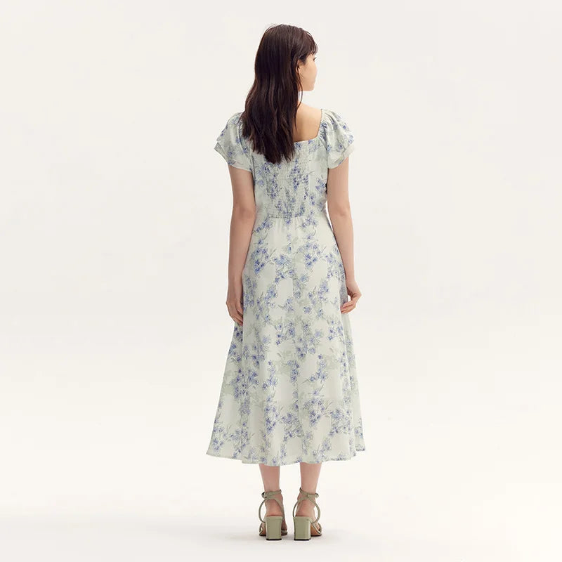 Dress Women Square Neckline Ruffled Trim And Short Flutter Sleeve Summer New Fresh And Delicate Chiffon Floral Dress