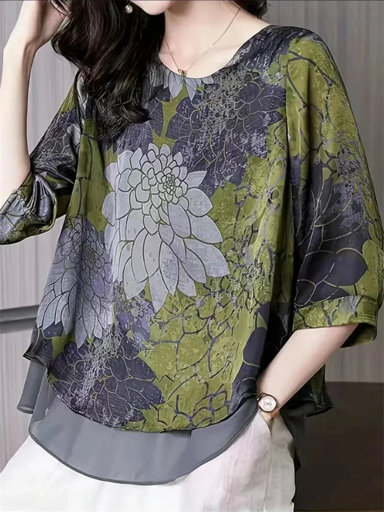 Blusas de verano para mujer, camisas casuales de gasa con cuello redondo y media manga