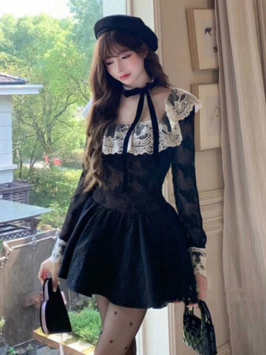Vestidos cortos negros franceses para mujer, con encaje de retazos, manga larga, corte A, para fiesta de cumpleaños, moda coreana, minivestidos nuevos