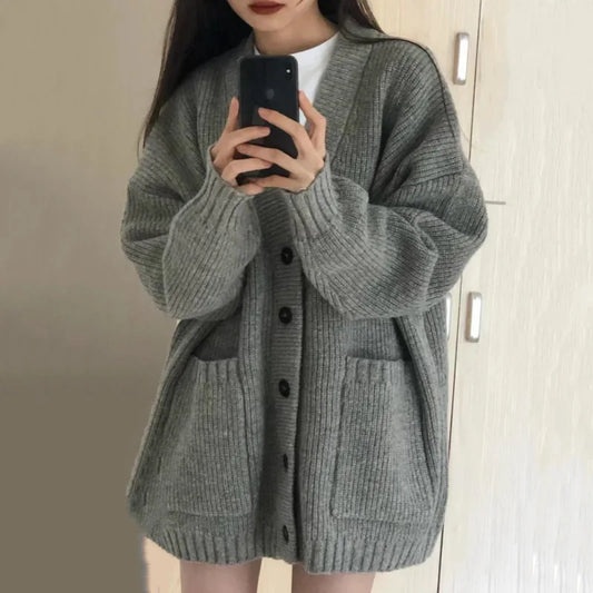 Cárdigan de otoño e invierno para mujer, suéter, abrigo, moda femenina, manga larga, cuello en V, chaquetas de punto sueltas, suéteres casuales, cárdigans